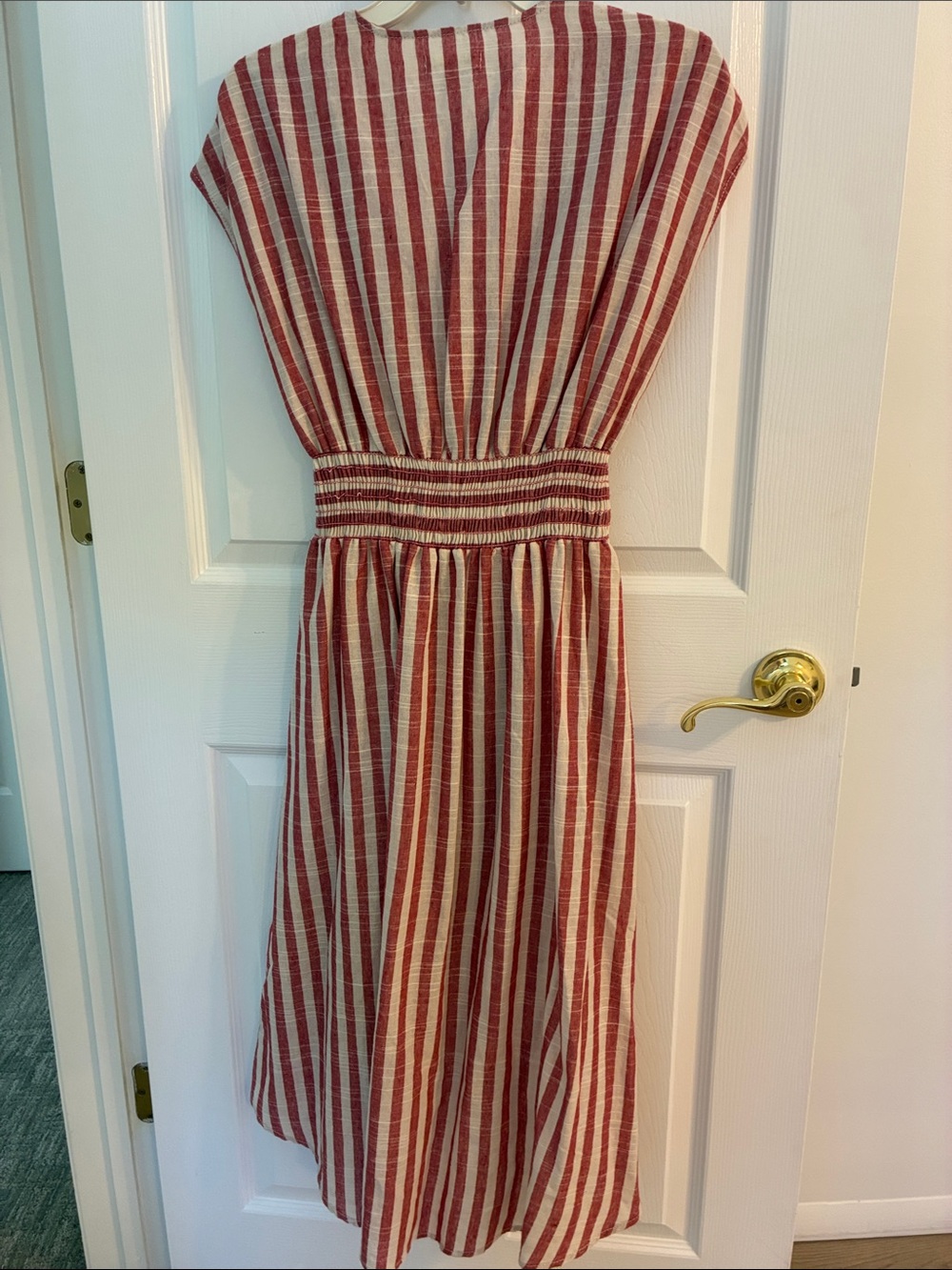 Max Studio Red and White Striped V-Neck Belted Midi Dress - Picture 7 of 9